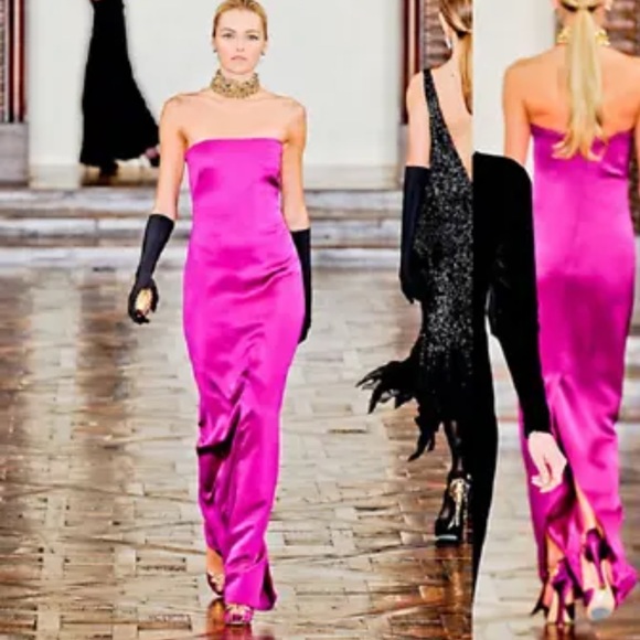 NWT Ralph Lauren🩷Hot Pink Silk Strapless Asymmetric Hem Ruffle